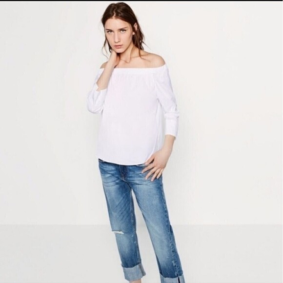 Zara Off The Shoulder White Cotton Blend Poplin Shirt 3/4 Sleeve Size Medium - Picture 1 of 7